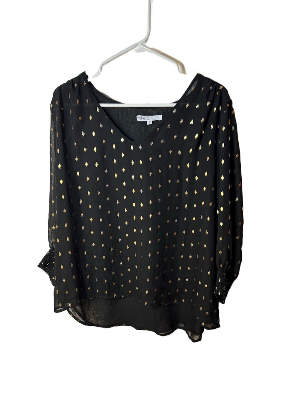 Cleo Black V-Neck Blouse with Gold Dot Accents Sheer size XL 3/4 length sleeve